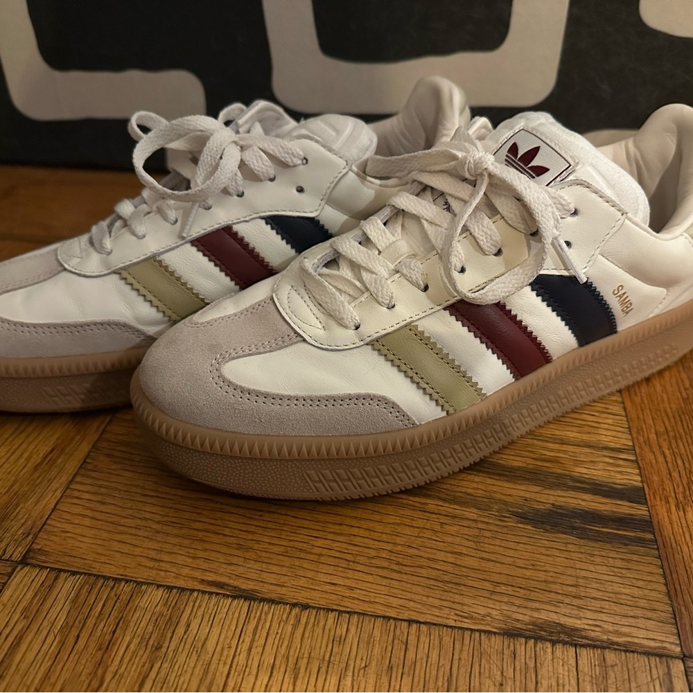 Adidas Samba Tan, Red, and Navy Sneakers